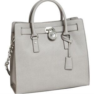 Michael Kors Large Hamilton Satchel in Pearl Gray Leather
